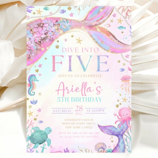 Mermaid 5Th Birthday Invitation 招待状
