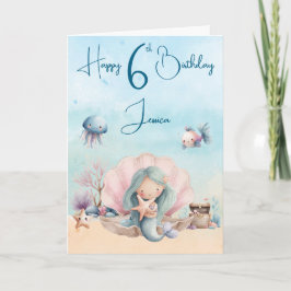 Mermaid 6th Birthday Folded Greeting Card カード