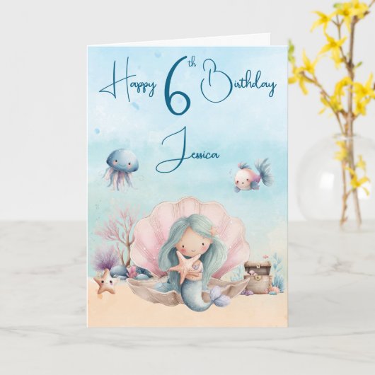 Mermaid 6th Birthday Folded Greeting Card カード (黄色い花)