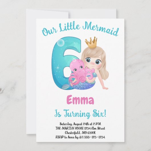 Mermaid 6th Birthday Party招待 招待状 (正面)