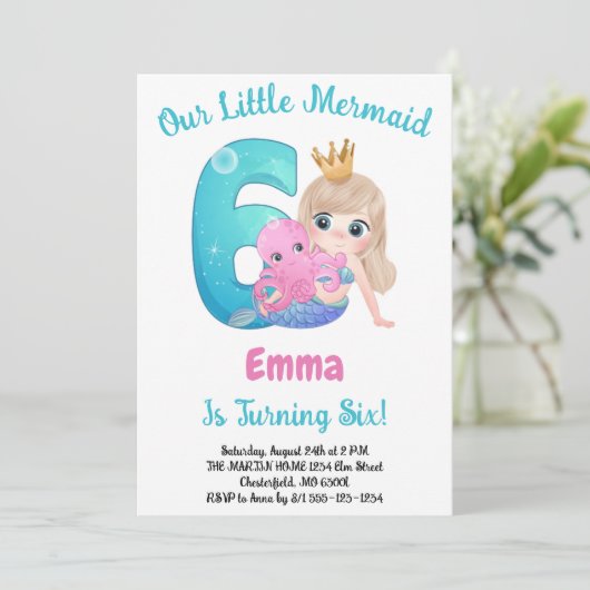 Mermaid 6th Birthday Party招待 招待状 (スタンド正面)