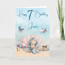 Mermaid 7th Birthday Folded Greeting Card カード