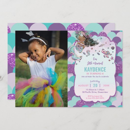 Mermaid African American Birthday Partyの写真 招待状 (正面/裏面)