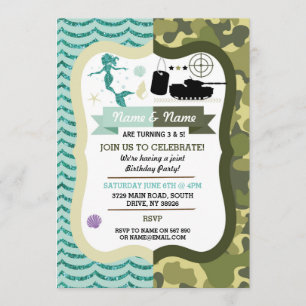 Mermaid & Army Boy Girl誕生日共有パーティー 招待状