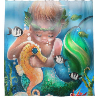 Mermaid baby and seahorse shower curtain シャワーカーテン