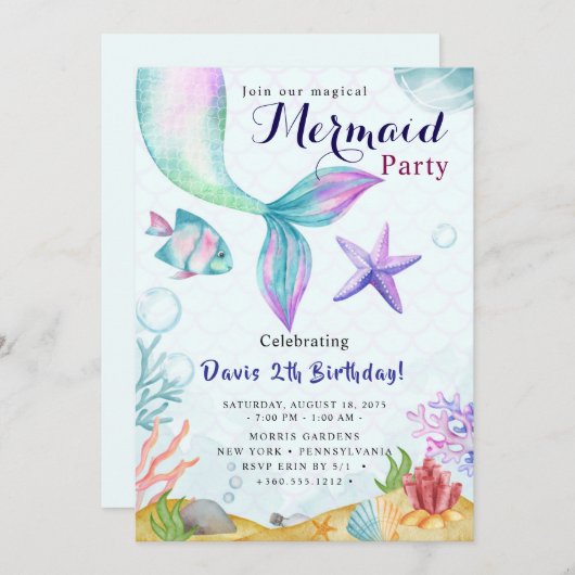 Mermaid Birthday Bash 招待状 (正面/裏面)