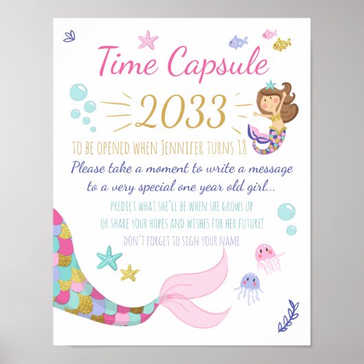 Mermaid Birthday guestbook Time Capsule sign Girl ポスター (正面)