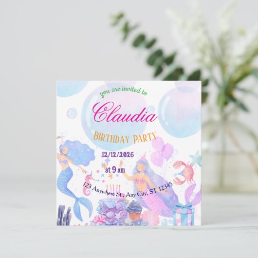 Mermaid Birthday Invitation for Kids 招待状 (スタンド正面)