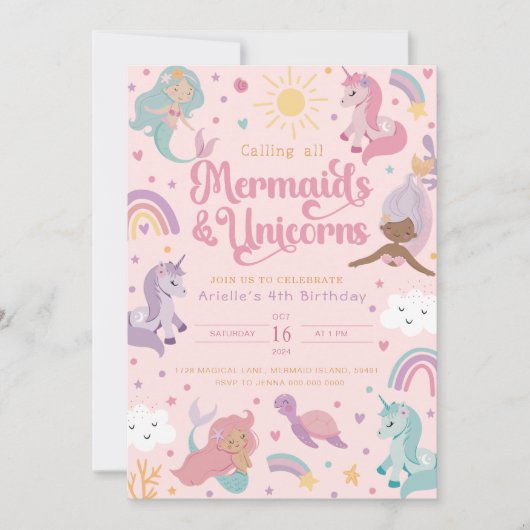 Mermaid Birthday Invitation Four - Cute Pink 招待状 (正面)