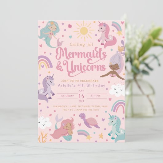Mermaid Birthday Invitation Four - Cute Pink 招待状 (スタンド正面)