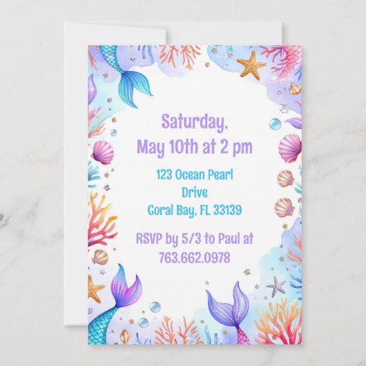 Mermaid Birthday Invitation Personalized  Name Age 招待状 (裏面)