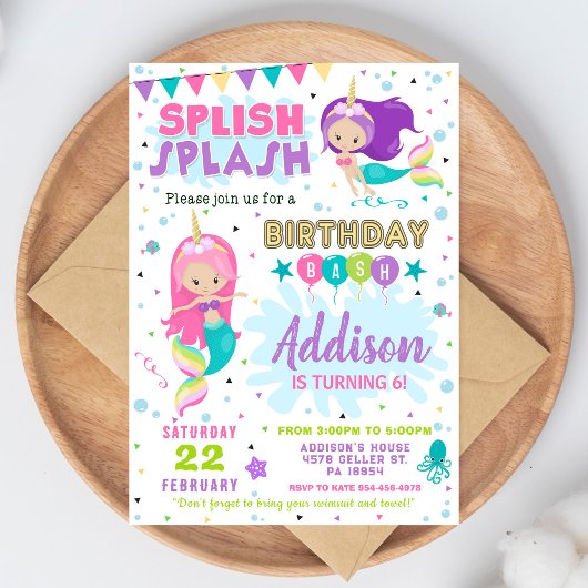 Mermaid Birthday Invitation Splish Splash Invite 招待状