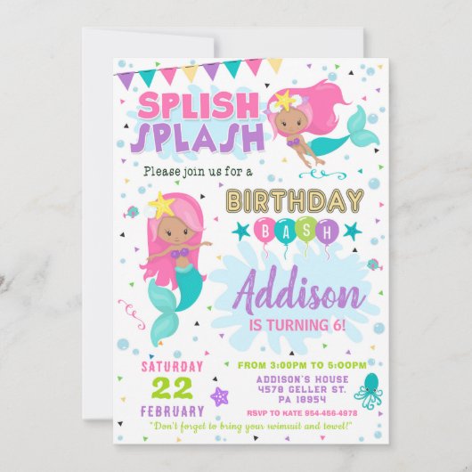 Mermaid Birthday Invitation Splish Splash Invite 招待状 (正面)