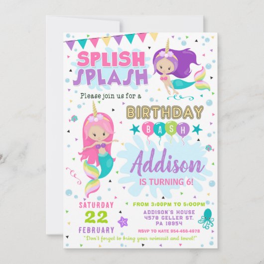 Mermaid Birthday Invitation Splish Splash Invite 招待状 (正面)