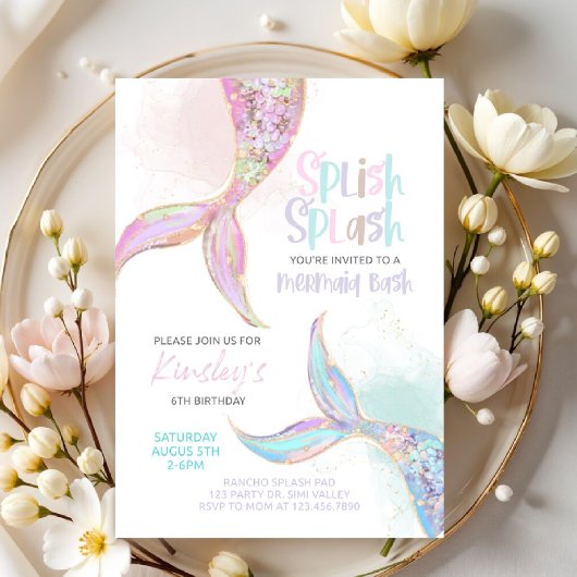 mermaid birthday, mermaid party invite, girls  招待状