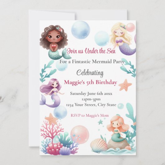 Mermaid Birthday Party Invitation for Girls 招待状 (正面)