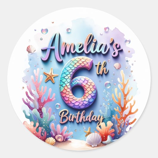 Mermaid Birthday Party Sticker – Custom Name & Age ラウンドシール (正面)
