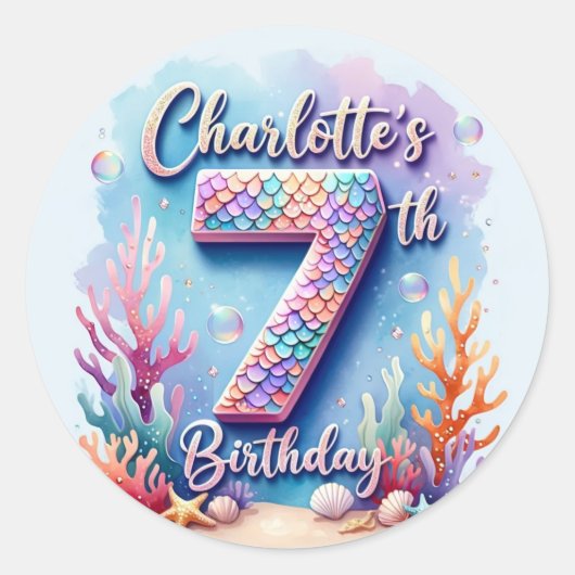 Mermaid Birthday Party Sticker – Custom Name & Age ラウンドシール (正面)