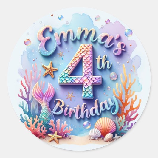 Mermaid Birthday Party Sticker Emma - 4th Birthday ラウンドシール (正面)