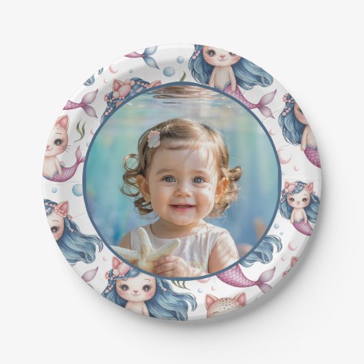Mermaid Birthday Photo Personalized ペーパープレート (正面)