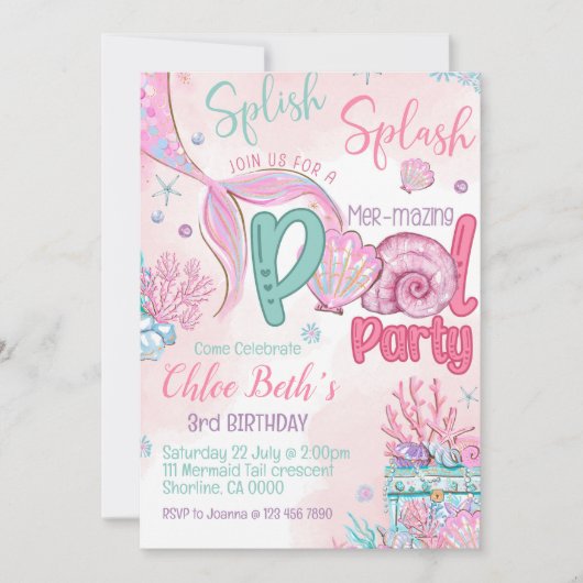 Mermaid Birthday Pool Party Invitation 招待状 (正面)