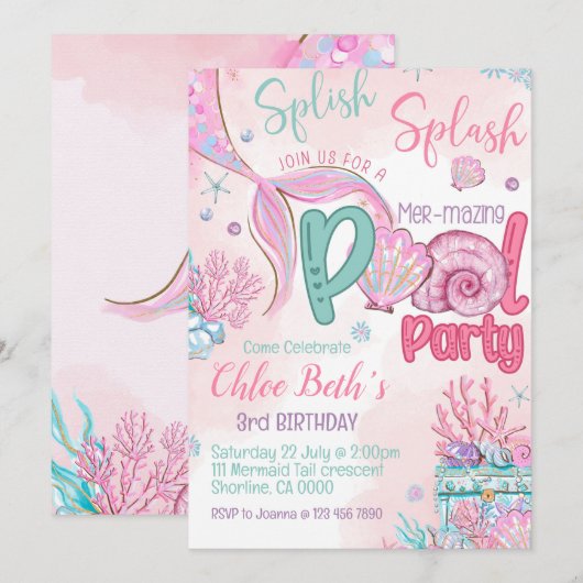 Mermaid Birthday Pool Party Invitation 招待状 (正面/裏面)
