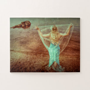 Mermaid By The Sea Vintage Teal Brown Nautical Art ジグソーパズル