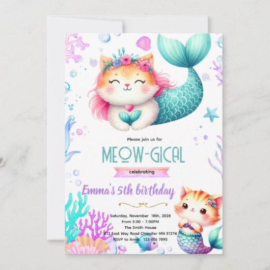 Mermaid cat party theme invitation 招待状 (正面)
