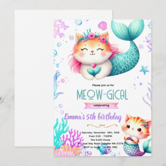 Mermaid cat party theme invitation 招待状 (正面/裏面)