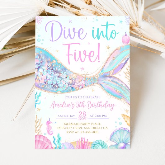 Mermaid Dive Into Five 5th Birthday Invitation 招待状
