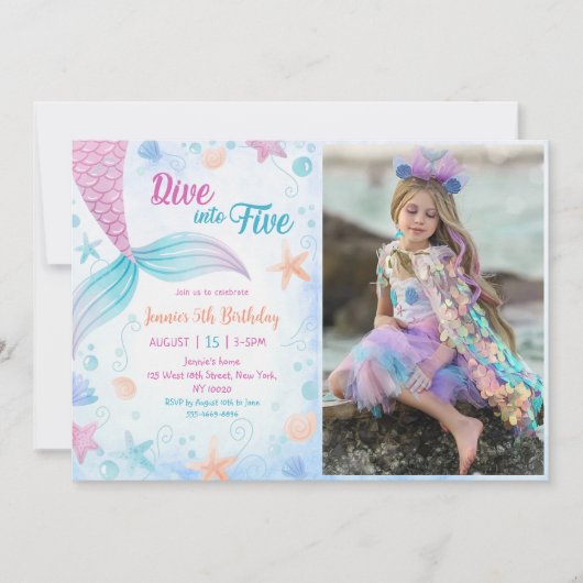 Mermaid Dive Into Five 5th Birthday Party Photo 招待状 (正面)