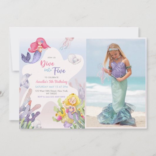 Mermaid Dive Into Five 5th Birthday Party Photo 招待状 (正面)