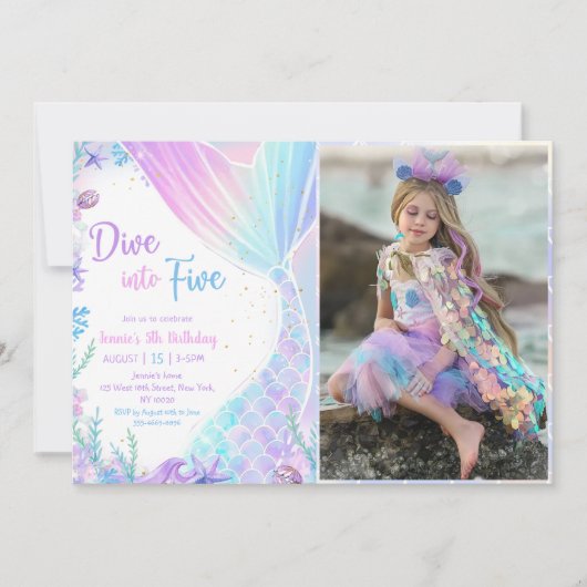 Mermaid Dive Into Five 5th Birthday Party Photo 招待状 (正面)