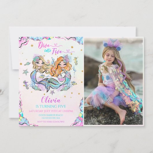 Mermaid Dive Into Five 5th Birthday Party Photo 招待状 (正面)