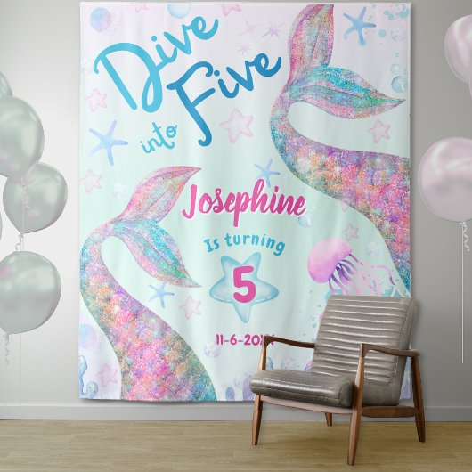 Mermaid dive into five 5th birthday welcome large タペストリー