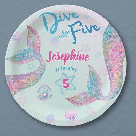 Mermaid dive into five birthday watercolor round ペーパープレート