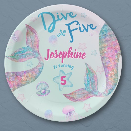 Mermaid dive into five birthday watercolor round ペーパープレート