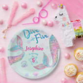 Mermaid dive into five birthday watercolor round ペーパープレート (パーティー)