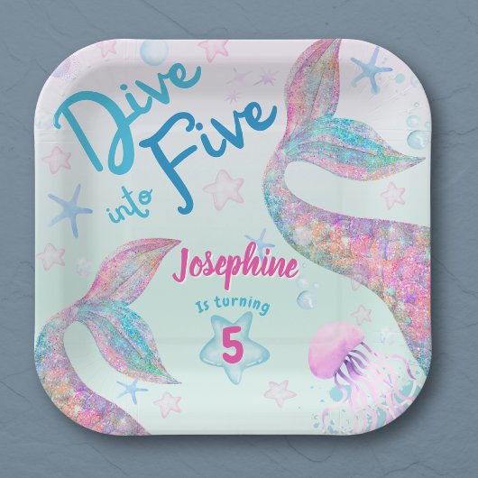 Mermaid dive into five birthday watercolor square ペーパープレート