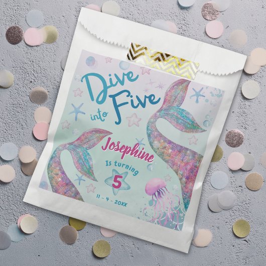 Mermaid dive into five fifth birthday watercolor フェイバーバッグ