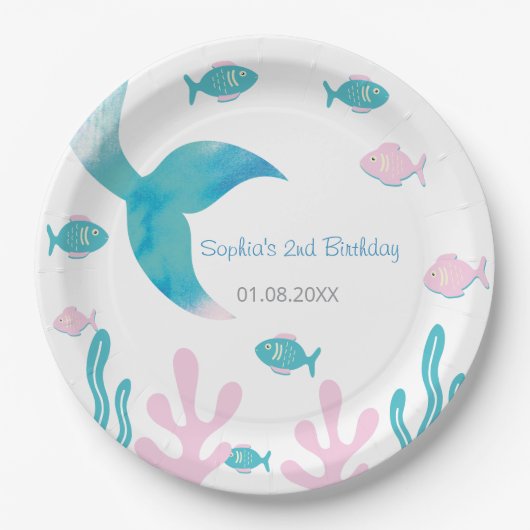 Mermaid Fish Pastel Pink Blue Birthday  ペーパープレート (正面)