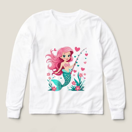 Mermaid Fishing Fun – Kids’ Long Sleeve Tee (デザイン正面)