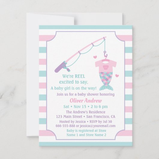 Mermaid Fishing Themed Baby Shower Invitations 招待状 (正面)
