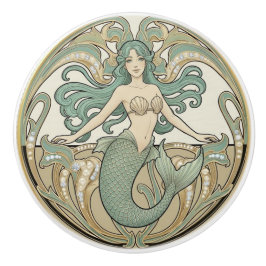 Mermaid Green Cream & Gold Art Nouveau Ocean Sea セラミックノブ