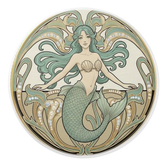Mermaid Green Cream & Gold Art Nouveau Ocean Sea セラミックノブ (正面)