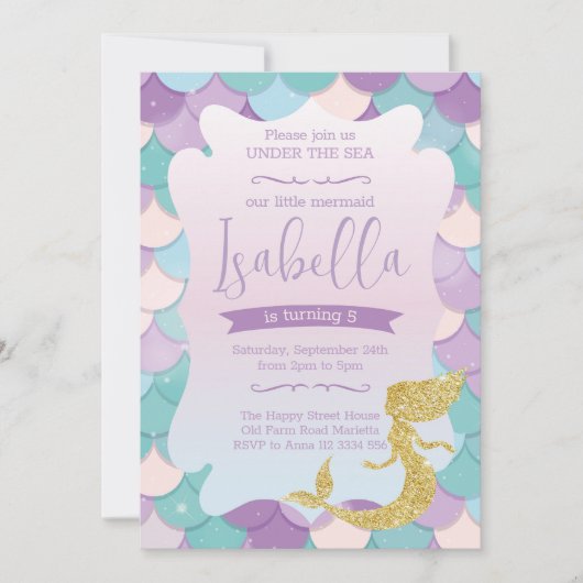 Mermaid Invitation for Birthday Party Gold Glitter 招待状 (正面)