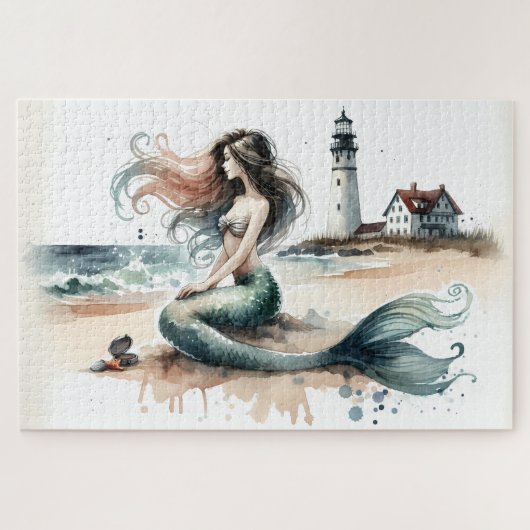 Mermaid Lighthouse Coastal Watercolor Scene ジグソーパズル (横)