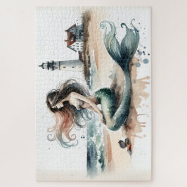 Mermaid Lighthouse Coastal Watercolor Scene ジグソーパズル