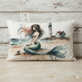 Mermaid Lighthouse Coastal Watercolor Scene ランバークッション