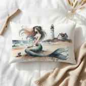Mermaid Lighthouse Coastal Watercolor Scene ランバークッション